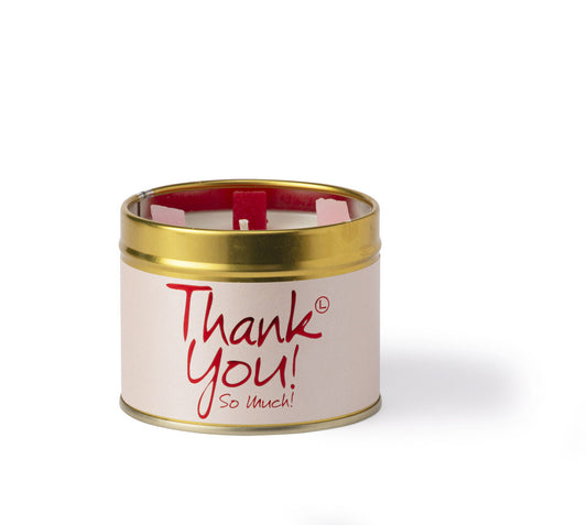 Lily-Flame Thank You scented tin candle with floral design, designed to provide a warm and inviting aroma.