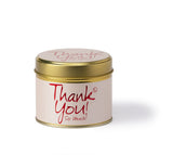 Thank You scented tin candle by Lily-Flame with a decorative label, perfect for gifting or adding a cozy touch to your space.