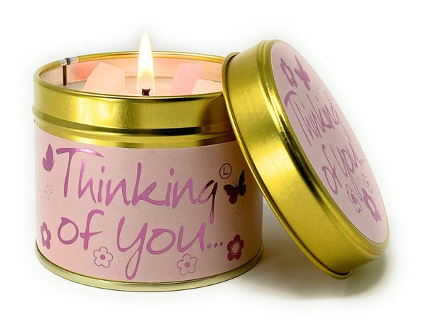 Lily-Flame Thinking of You scented tin candle with floral design, compact container, ideal for gifting or home decor.