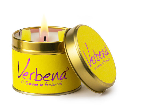 Lily-Flame Verbena scented tin candle with floral design, showcasing the candle inside the decorative metal tin.