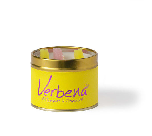 Lily-Flame Verbena scented tin candle with a floral design and a lit wick, creating a warm, inviting glow.