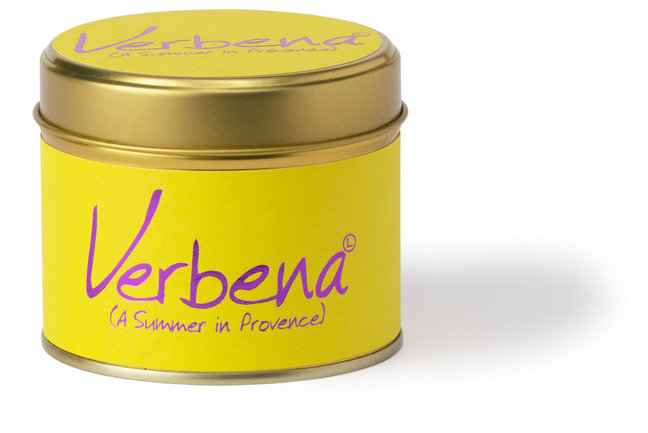 Lily-Flame Verbena scented tin candle with floral design, showing the candle inside a decorative tin container.