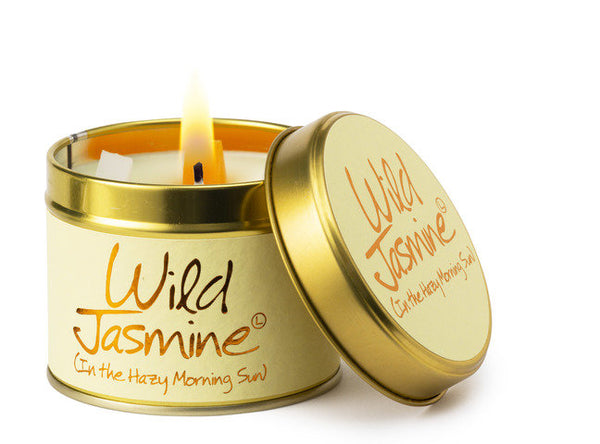 Wild Jasmine scented tin candle by Lily-Flame with a decorative floral design on a white background.