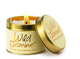 Wild Jasmine scented tin candle by Lily-Flame with a decorative floral design on a white background.