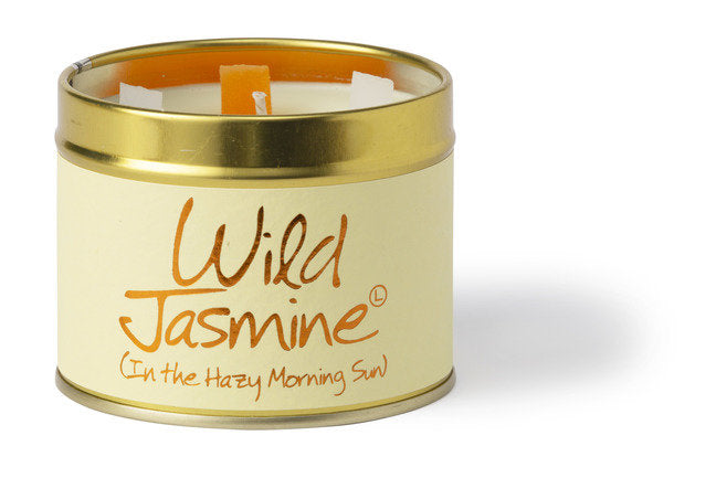 Wild jasmine scented tin candle by Lily-Flame with a decorative floral design and a metal lid, ideal for home fragrance.