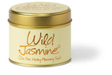 Wild Jasmine scented tin candle by Lily-Flame with a decorative floral design on the metal container.