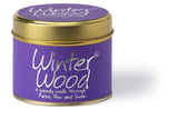 Winter Wood scented tin candle by Lily-Flame, featuring a cozy winter-themed design on a compact metal container.