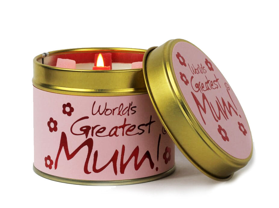 Lily-Flame World's Greatest Mum scented tin candle with floral design and warm glow, perfect for gifting or home decor.