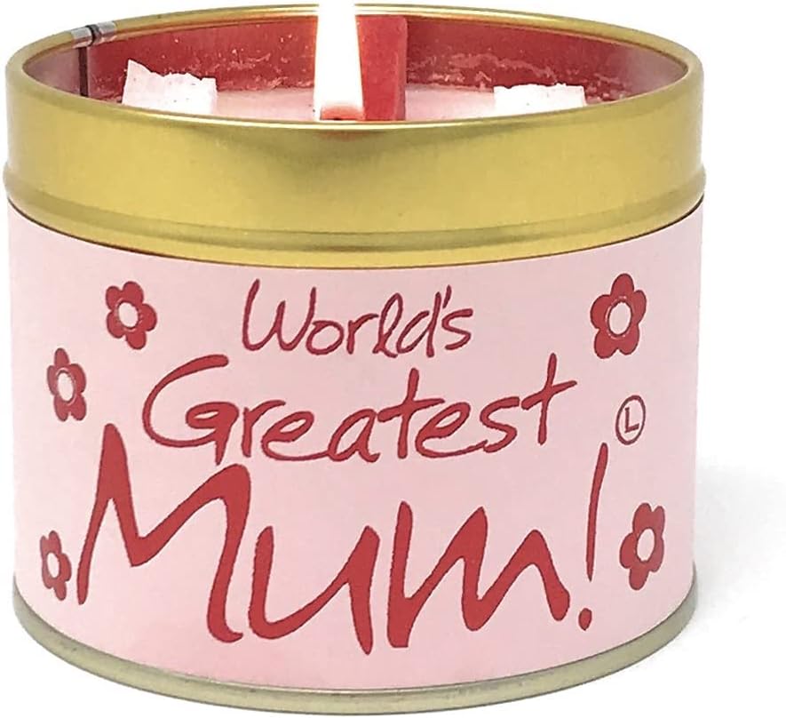 Lily-Flame World's Greatest Mum scented tin candle with decorative label and floral design, perfect for gifting.