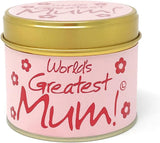 Lily-Flame World's Greatest Mum scented tin candle with a decorative label and a lit wick, perfect for gifting to mothers