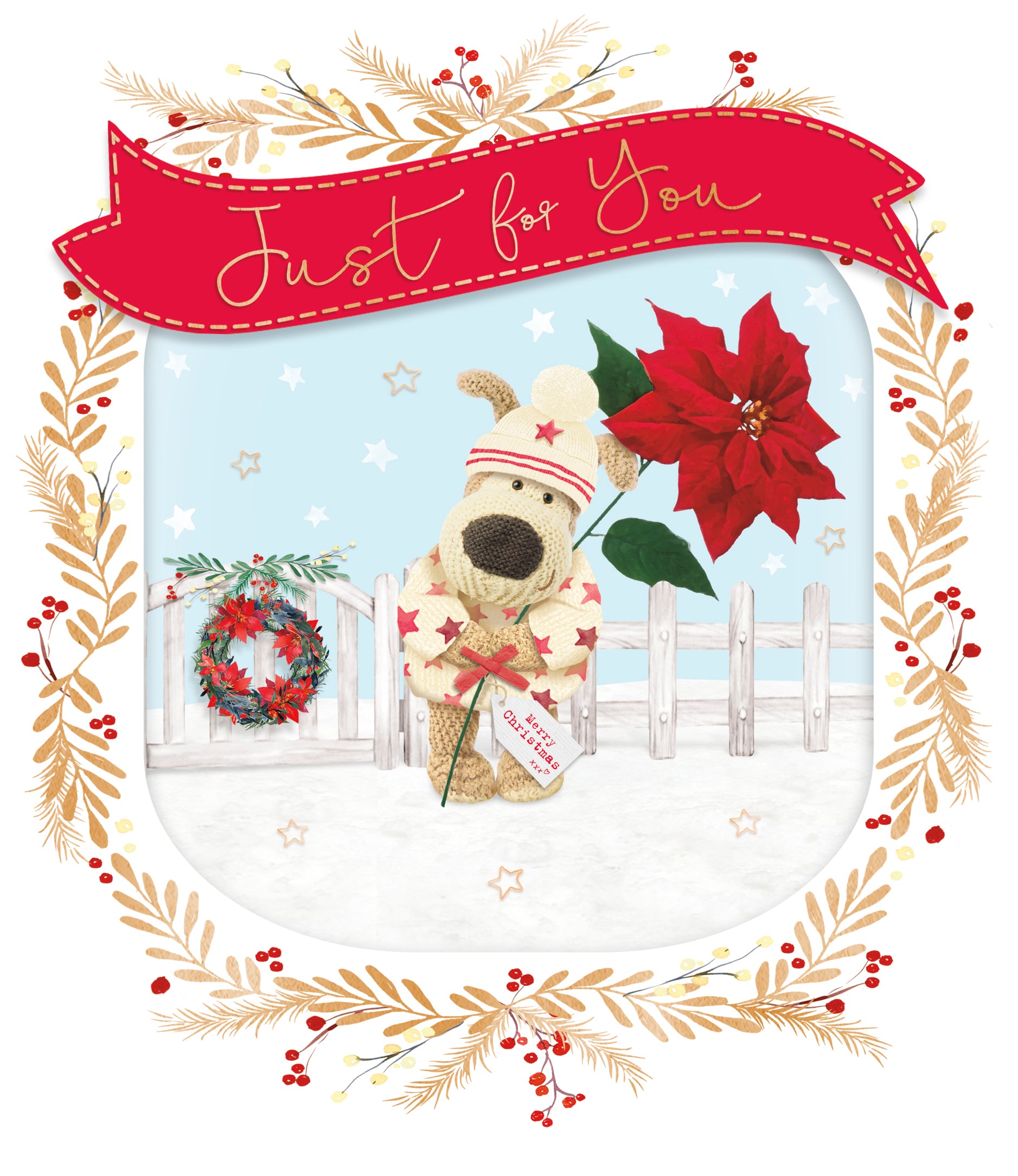 Boofle stood holding a big poinsettia flower Christmas Card