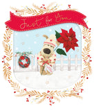 Boofle stood holding a big poinsettia flower Christmas Card