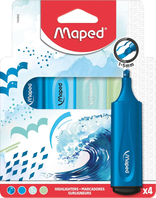 Set of four Maped themed highlighters with vibrant colors and unique designs for note-taking and highlighting text.