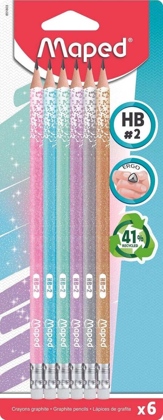Maped BLACK'PEPS Graphite Eraer Tipped Glitter Pencils with shiny accents and eraser tips, ideal for writing and drawing.