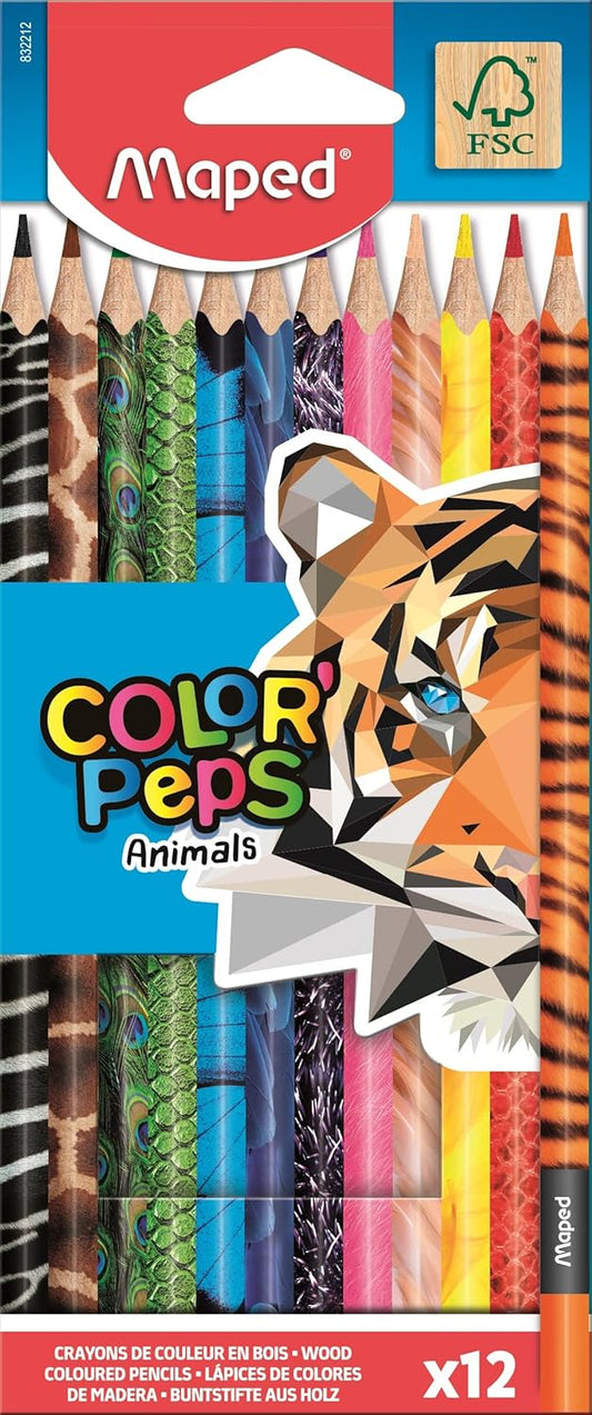 Set of 12 Maped COLOR'PEPS animal coloring pencils with vibrant colors and animal-themed designs for creative coloring projects.