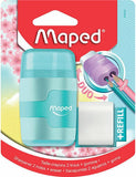 Maped DUO Connect pastel pencil sharpener with built-in eraser, featuring a compact design for easy sharpening and erasing.