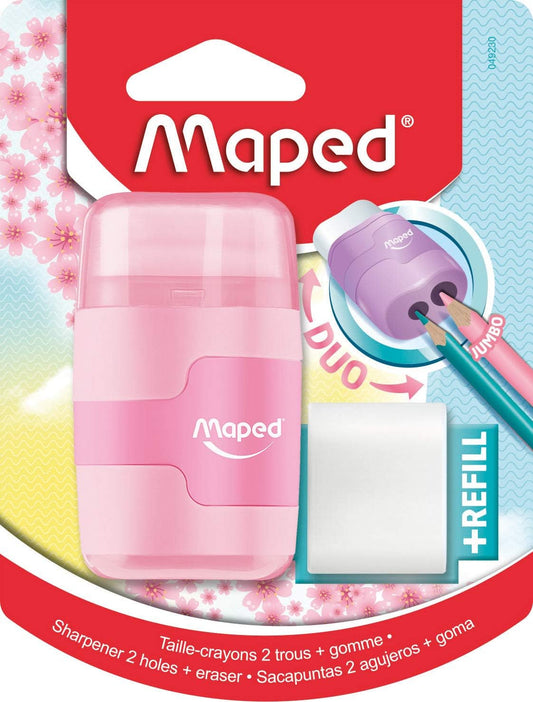 Maped DUO Connect pastel pencil sharpener with eraser, compact and colorful stationery tool for young artists and students.