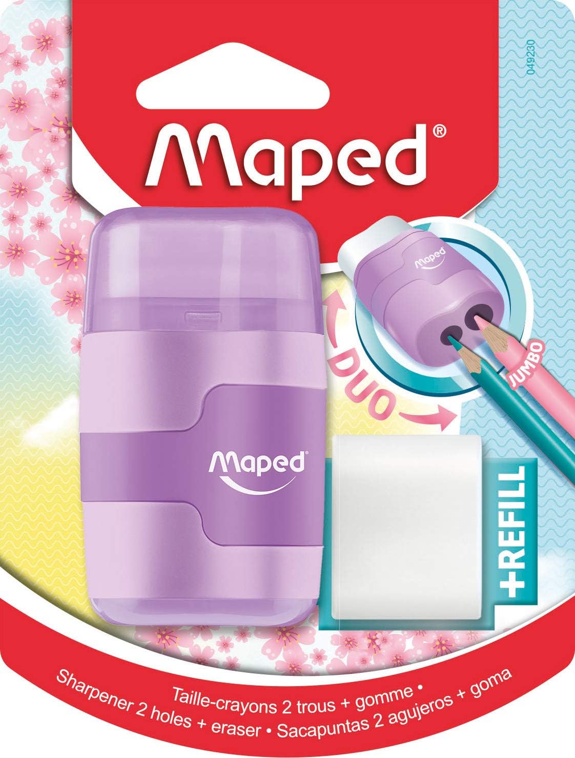 Maped DUO Connect pastel pencil sharpener with eraser, showing the compact pastel-colored design and sharpening components.