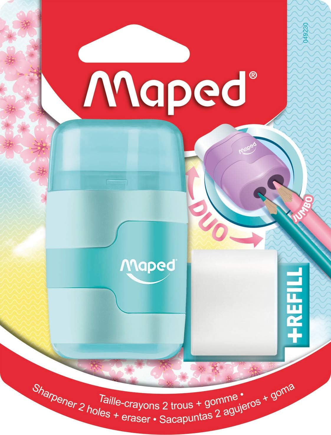 Maped DUO Connect pastel pencil sharpener with built-in eraser, shown with pastel-colored pencils and a clean workspace.