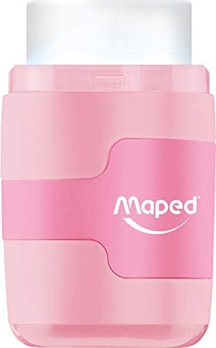 Maped DUO Connect pastel pencil sharpener with eraser, featuring colorful design and compact size for easy pencil sharpening and erasing.