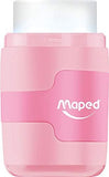 Maped DUO Connect pastel pencil sharpener with eraser, featuring colorful design and compact size for easy pencil sharpening and erasing.