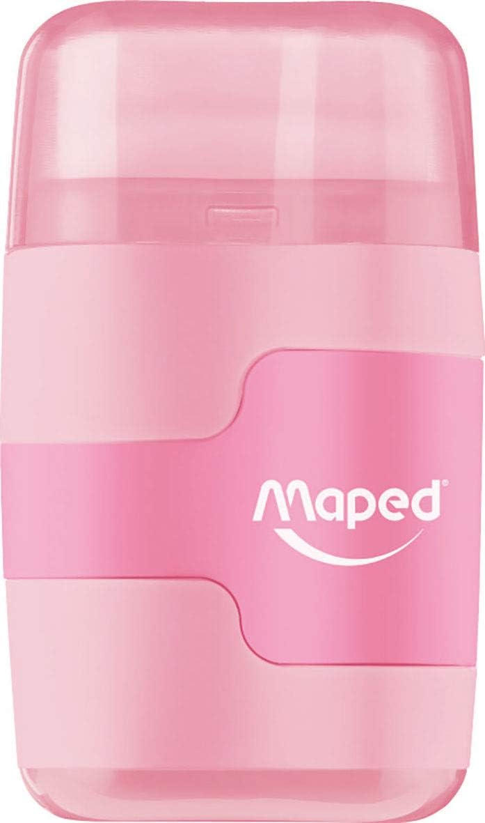 Maped DUO Connect pastel pencil sharpener and eraser, compact stationery tool with pastel-colored design and functional features.