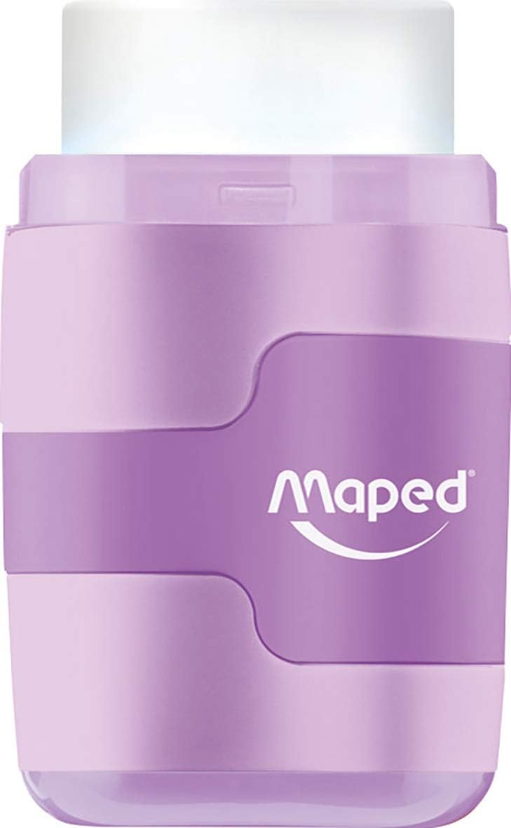 Maped DUO Connect pastel pencil sharpener and eraser, compact and colorful with dual functionality for easy pencil sharpening and erasing.