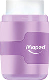 Maped DUO Connect pastel pencil sharpener and eraser, compact and colorful with dual functionality for easy pencil sharpening and erasing.