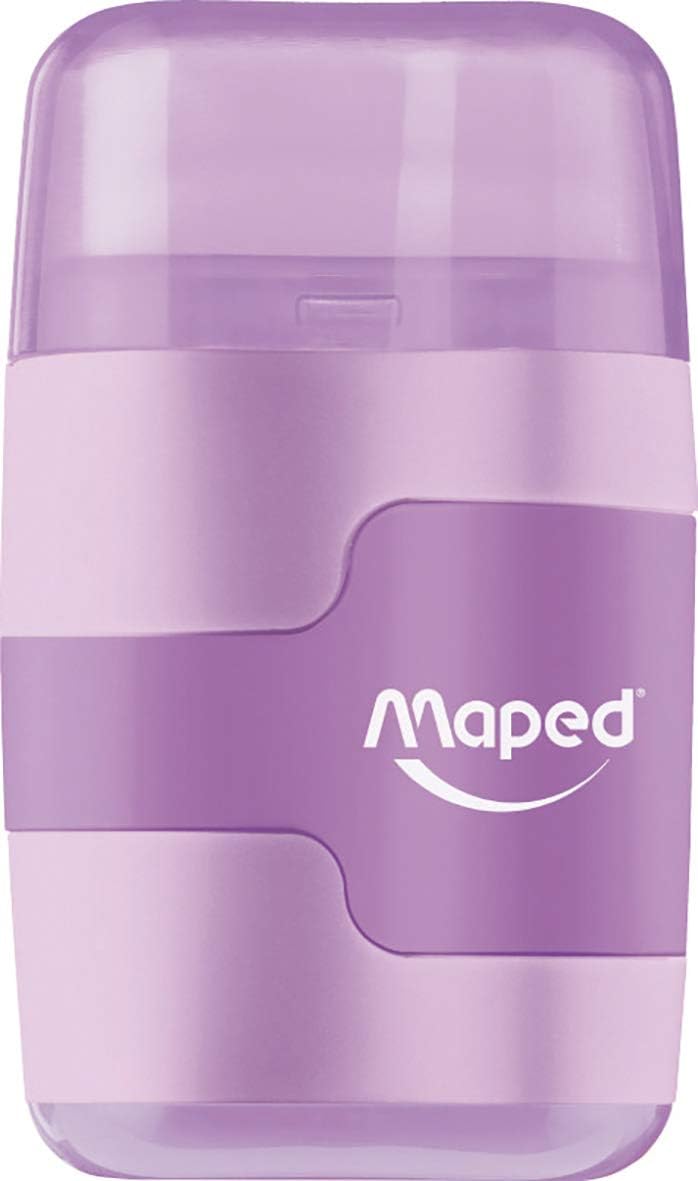 Maped DUO Connect pastel pencil sharpener with built-in eraser, featuring a pastel-colored design and compact size.