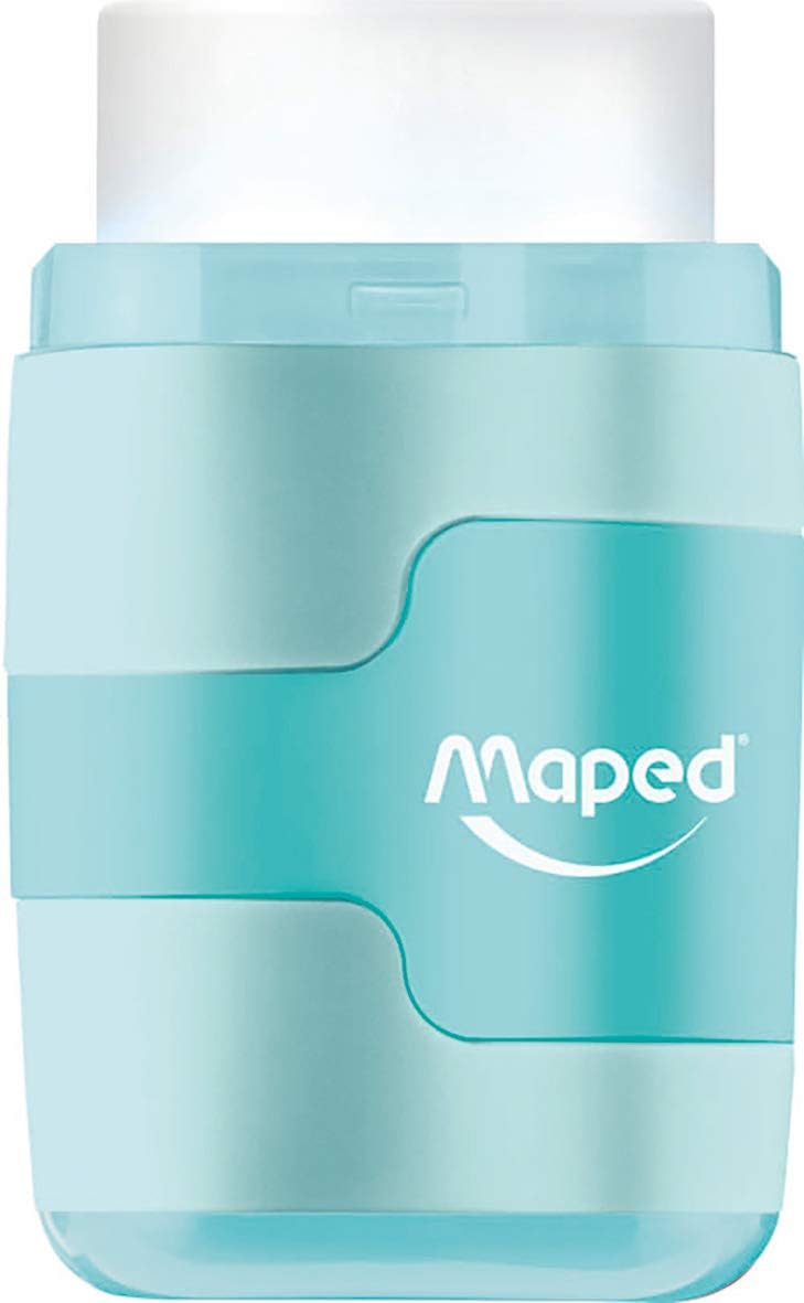 Maped DUO Connect pastel pencil sharpener with built-in eraser, shown with pastel-colored pencils and compact design.