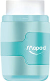 Maped DUO Connect pastel pencil sharpener with built-in eraser, shown with pastel-colored pencils and compact design.