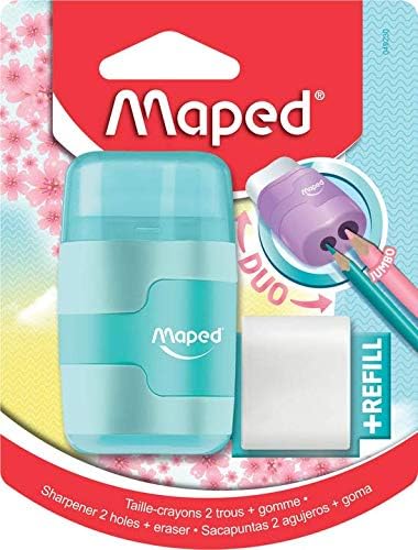 Maped DUO Connect pastel pencil sharpener with integrated eraser, compact pink and blue design for easy sharpening and erasing.