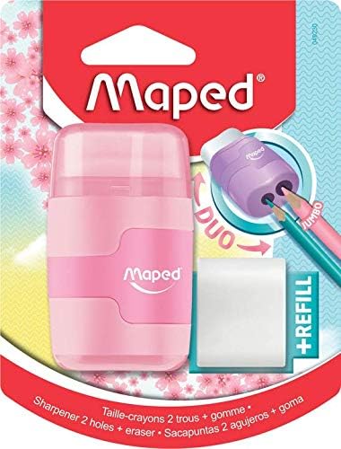 Maped DUO Connect pastel pencil sharpener with integrated eraser, compact design for easy sharpening and erasing pastel pencils.