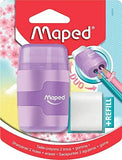 Maped DUO Connect pastel pencil sharpener with built-in eraser, compact and colorful for easy sharpening and erasing.