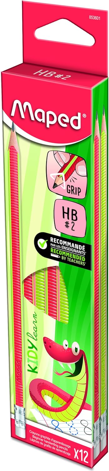 Set of 12 Maped Kidy Learn pencils with ergonomic grips, ideal for young students and beginner writers.