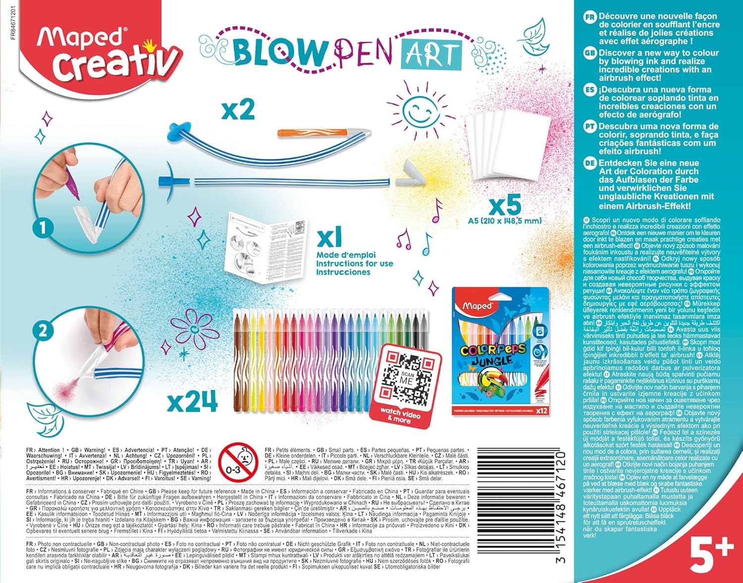 Maped Creativ Blow Art Kit with 24 felt tip pens and 2 airbrush tools for creative drawing and coloring projects.