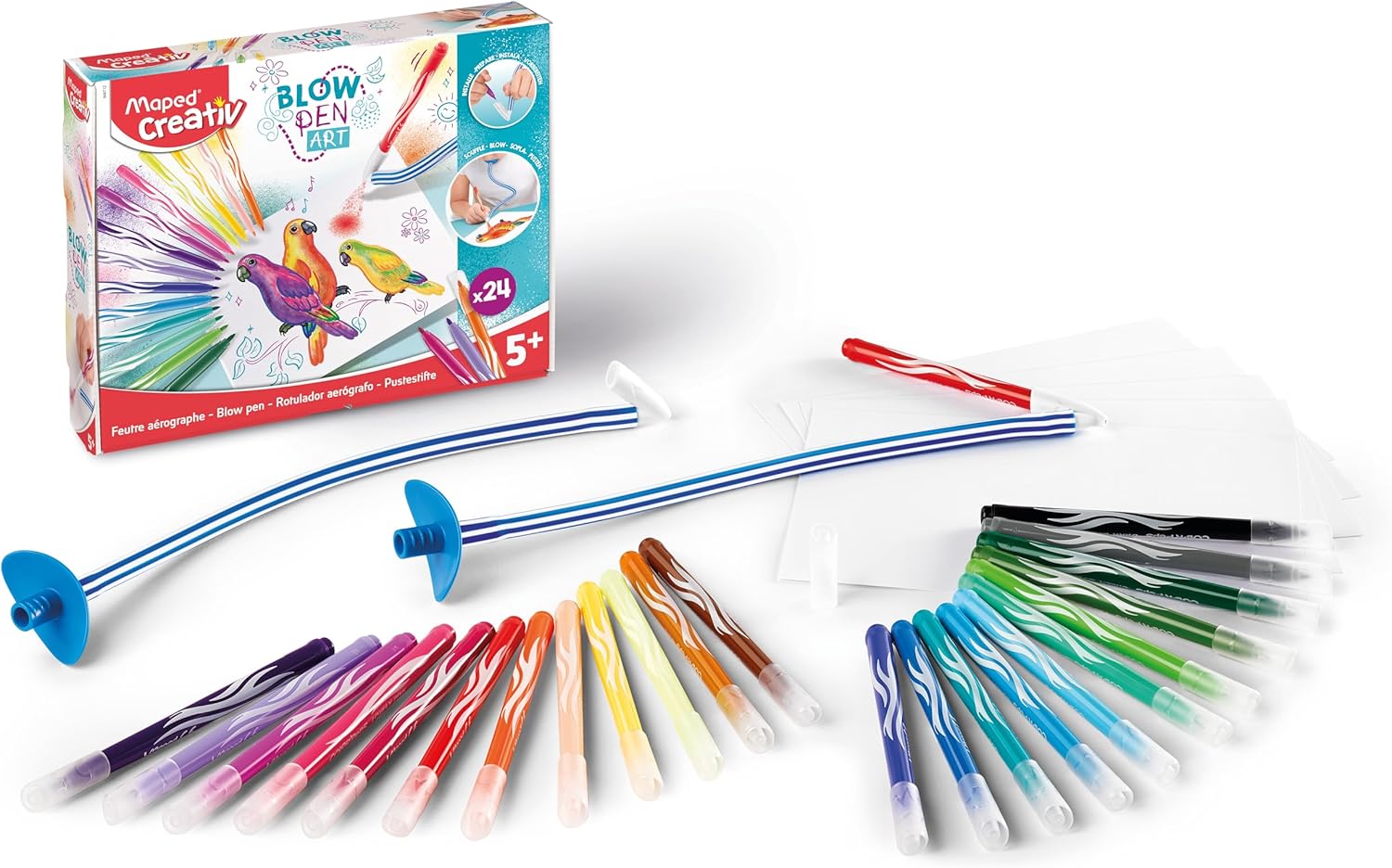 Maped Creativ Blow Art Kit with 24 felt tip pens and 2 airbrush tools for creative drawing and art projects.
