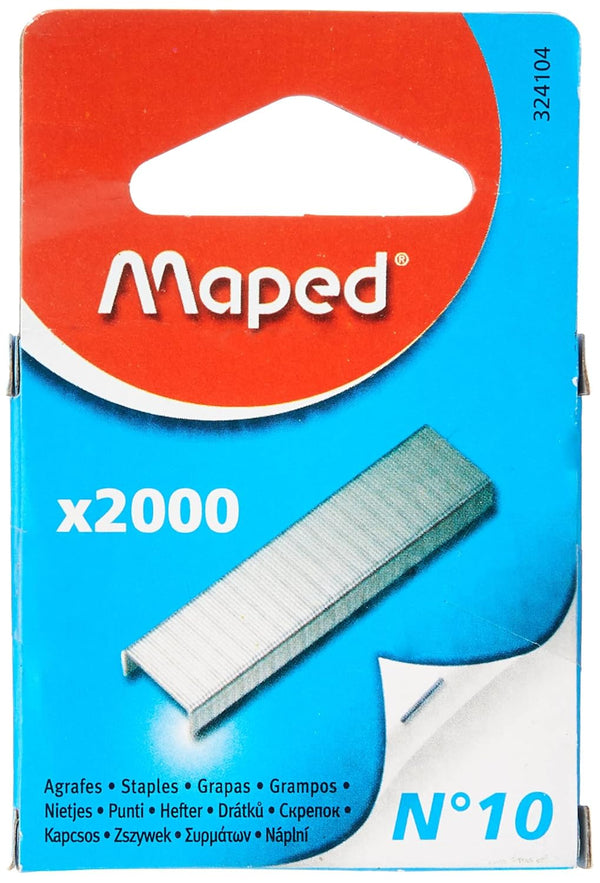 Maped No.10 staples in a box, showing silver metal staples with the Maped branding on the packaging.