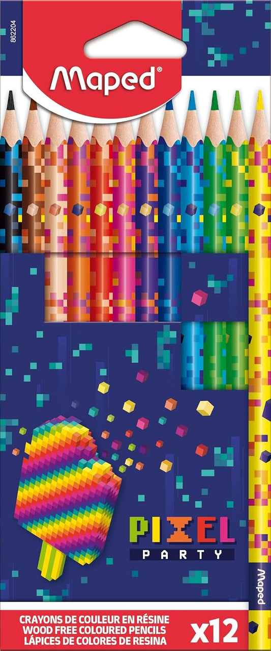 Set of 12 Maped Pixel Party coloured pencils with vibrant hues and ergonomic design for creative coloring and drawing.