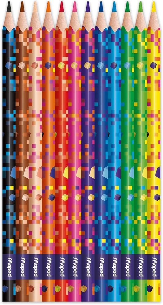 Set of 12 colorful Maped Pixel Party coloured pencils arranged in a row on a white background.