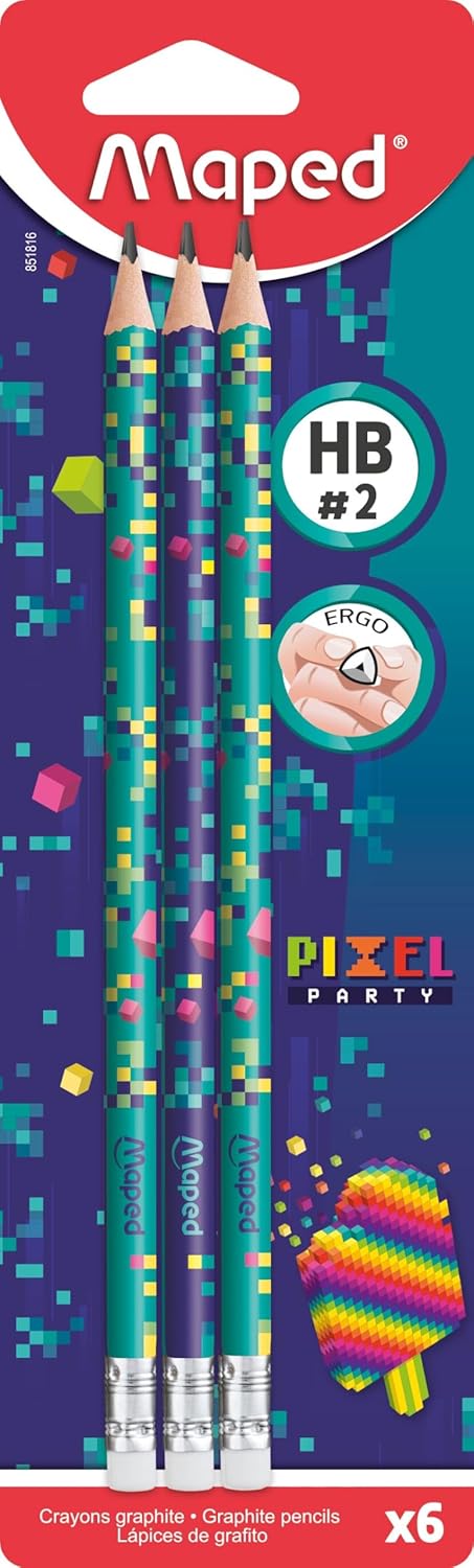Set of six Maped Pixel Party eraser-tipped graphite pencils with colorful eraser ends for drawing and writing.
