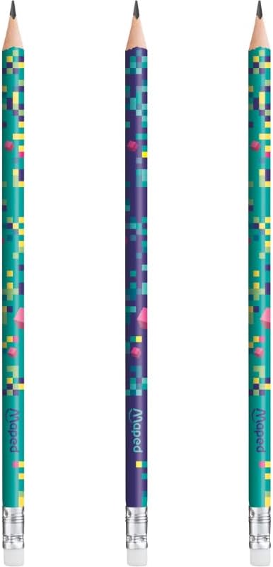 Set of six Maped Pixel Party eraser-tipped graphite pencils with colorful eraser ends, ideal for drawing and writing.