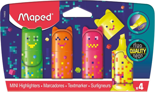 Set of four Maped Pixel Party Mini Highlighters in vibrant colors with chisel tips for bright, precise highlighting.