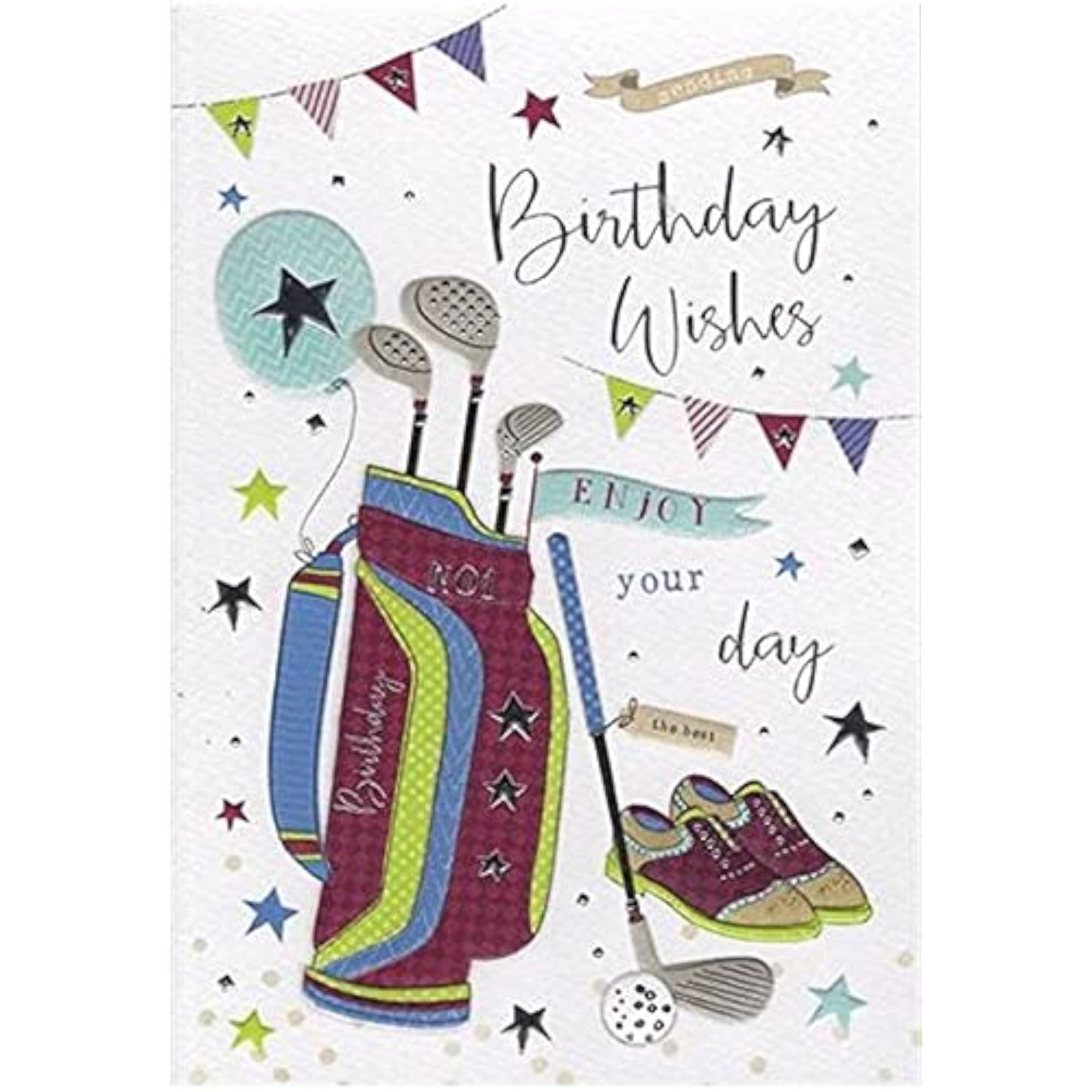 Male Birthday Card From the Palladium Range - Golf Bag & Stars - Silver Foil and Embossed Finish - For Him