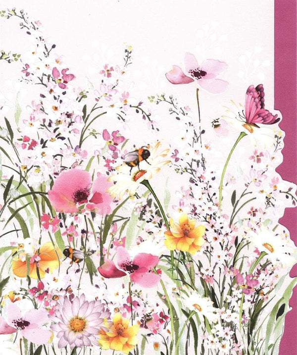 NQ female birthday greeting card featuring wildflowers and bees from The Pizazz Gallery Range, with colorful floral and insect illustrations.
