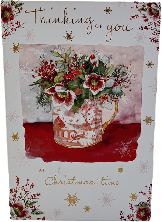 Thinking of You Christmas Card by NQ featuring anemones and snowflakes with festive holiday design and elegant watercolor artwork.