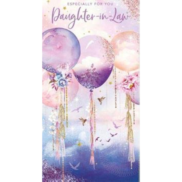 NQ Daughter-in-Law floral balloons birthday greeting card with colorful flitter finish and decorative floral design.