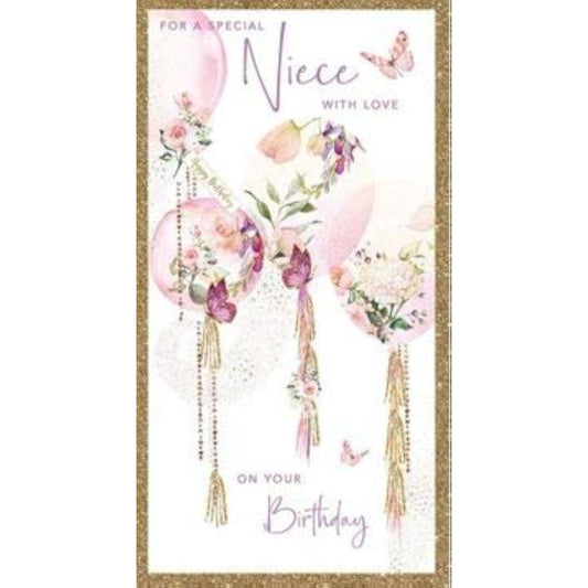 Colorful floral balloons themed greeting card for niece's birthday by NQ, featuring vibrant floral and balloon illustrations.