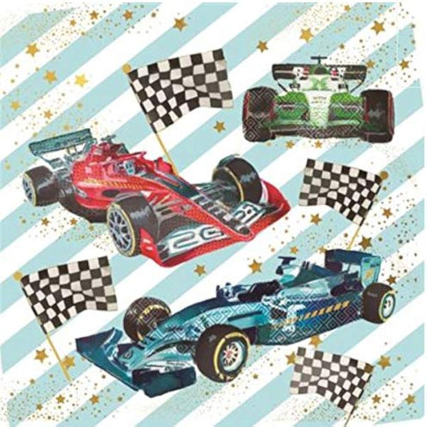 NQ Formula One F1 Race Cars birthday greeting card with colorful race car illustration on a white background.