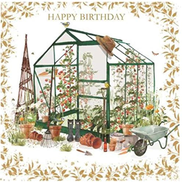 NQ Gardening Greenhouse Gold Foil Finish birthday greeting card with floral and plant illustrations on a white background